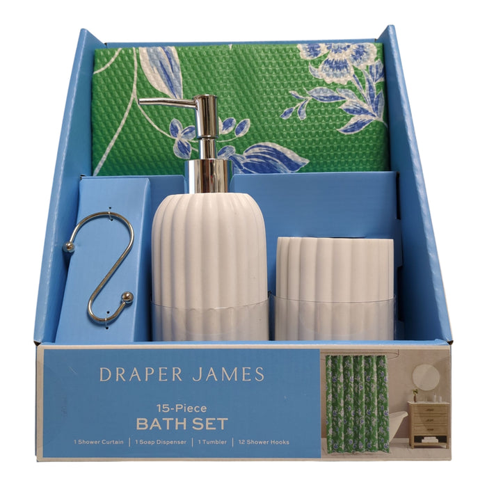 Draper James 15-Piece Bath Set, Shower Curtain, Soap Dispenser, Tumbler, Hooks