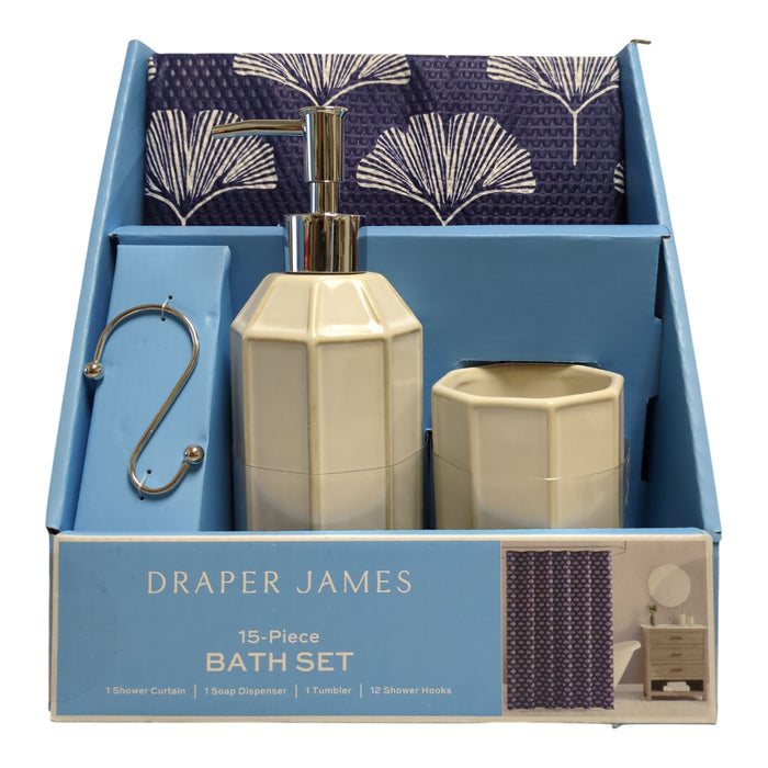 Draper James 15-Piece Bath Set, Shower Curtain, Soap Dispenser, Tumbler, Hooks