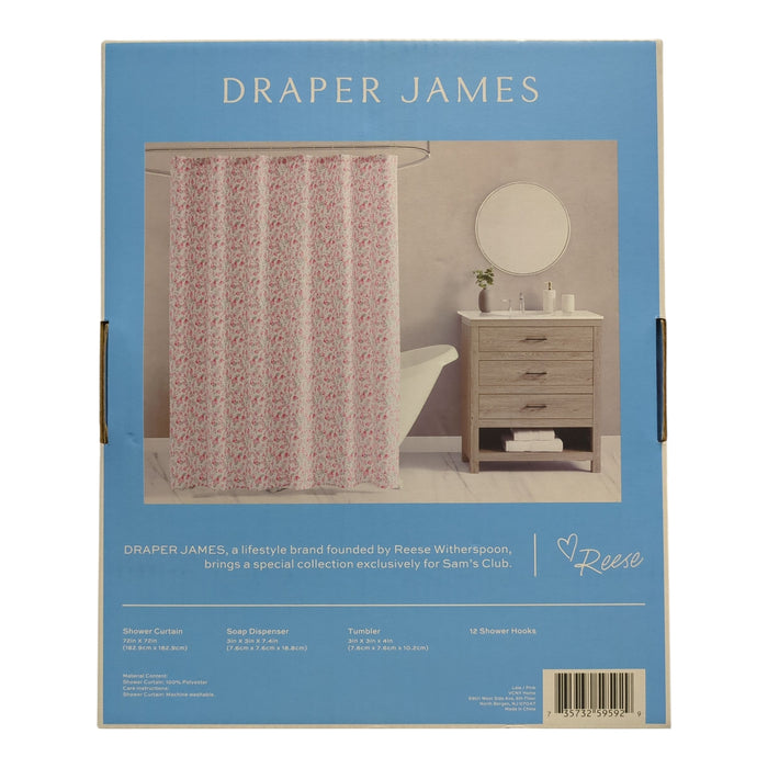 Draper James 15-Piece Bath Set, Shower Curtain, Soap Dispenser, Tumbler, Hooks