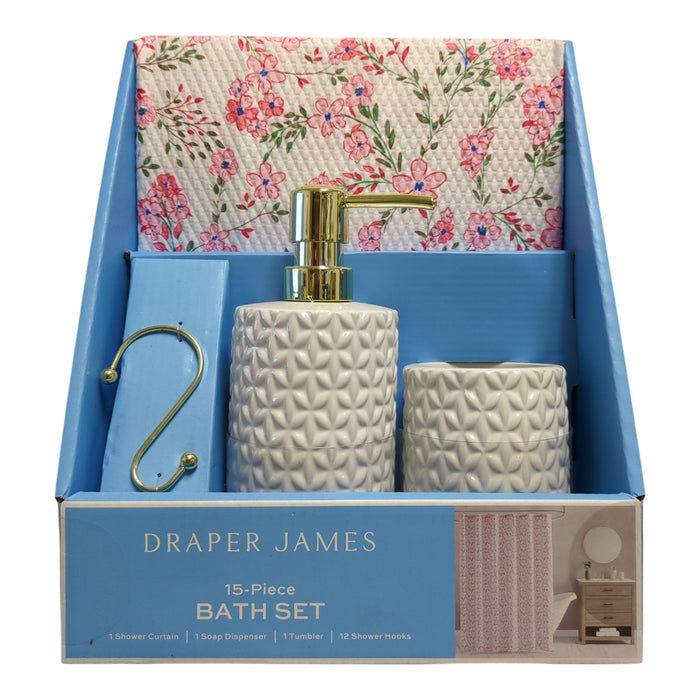 Draper James 15-Piece Bath Set, Shower Curtain, Soap Dispenser, Tumbler, Hooks
