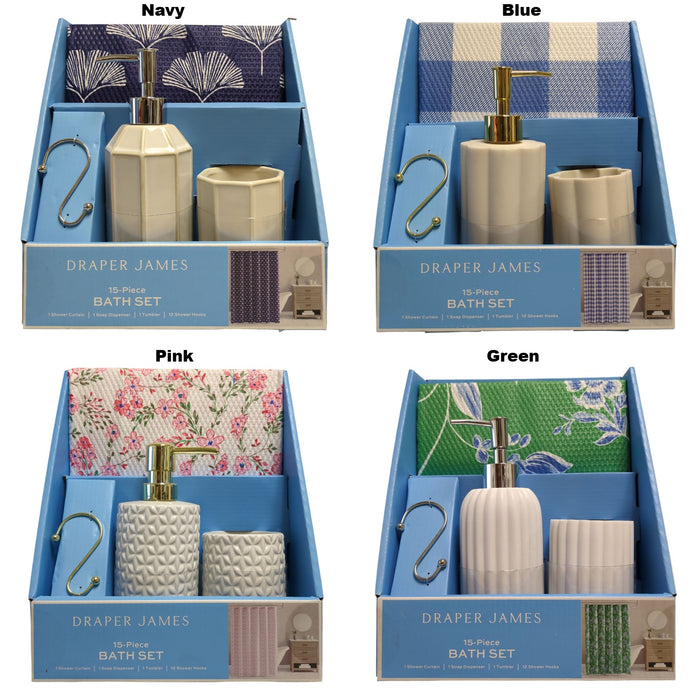 Draper James 15-Piece Bath Set, Shower Curtain, Soap Dispenser, Tumbler, Hooks