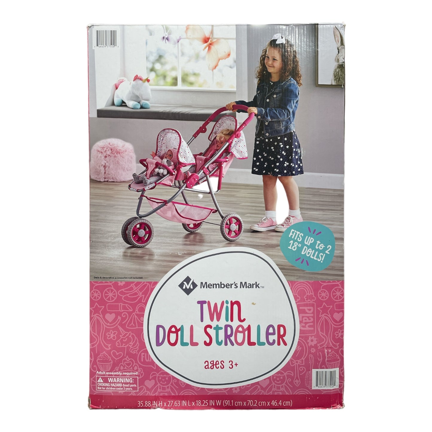 Member's Mark Kid's Twin 3-Wheel Jogger Adjustable Doll Stroller, Hot Pink