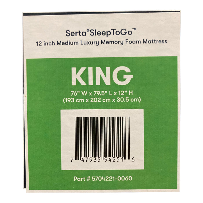 Serta SleepToGo 12" Medium Gel Memory Foam Mattress, King