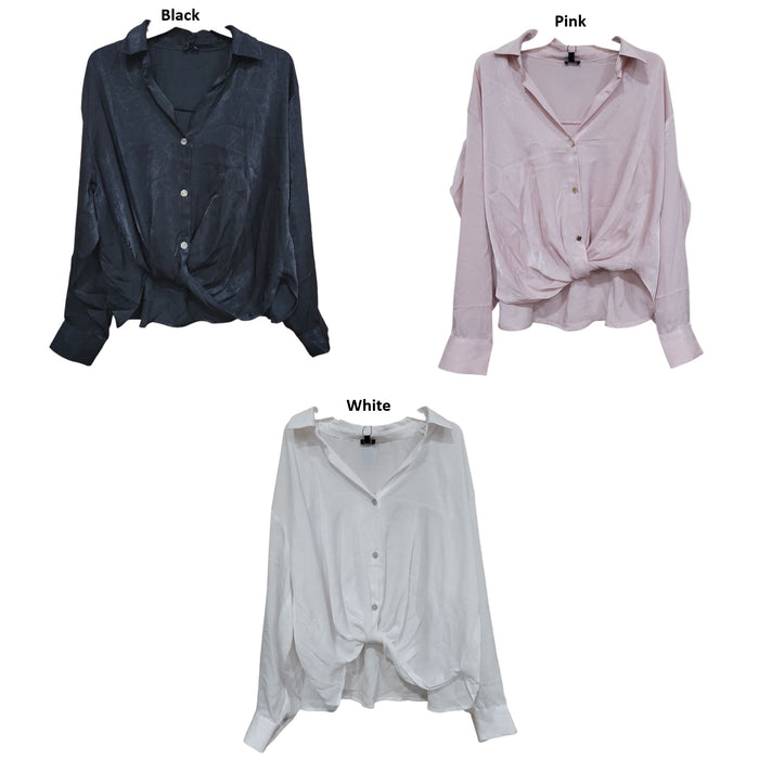 Express Women's Relaxed Fit Smooth Satin V-Neck Long Sleeve Shirt