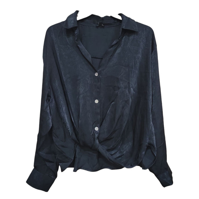 Express Women's Relaxed Fit Smooth Satin V-Neck Long Sleeve Shirt