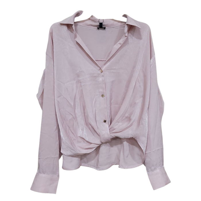 Express Women's Relaxed Fit Smooth Satin V-Neck Long Sleeve Shirt