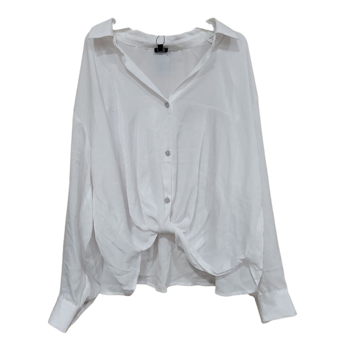 Express Women's Relaxed Fit Smooth Satin V-Neck Long Sleeve Shirt