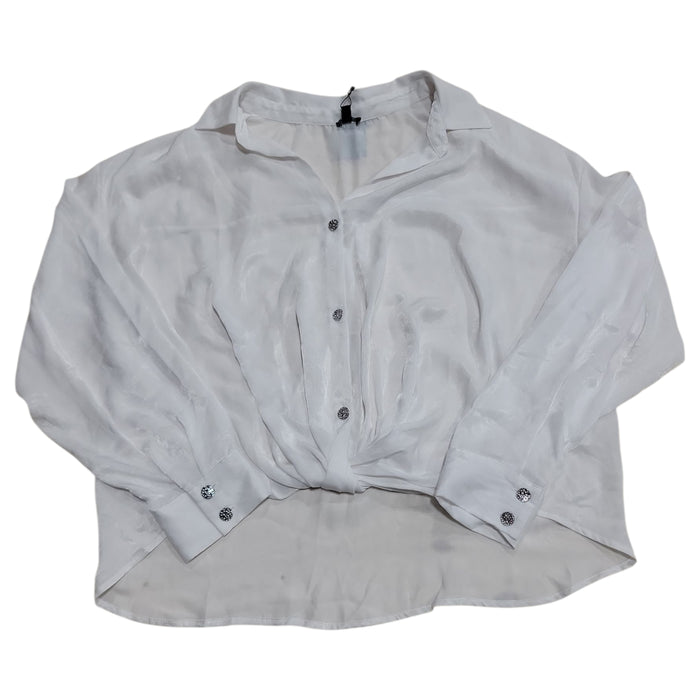 Express Women's Relaxed Fit Smooth Satin V-Neck Long Sleeve Shirt