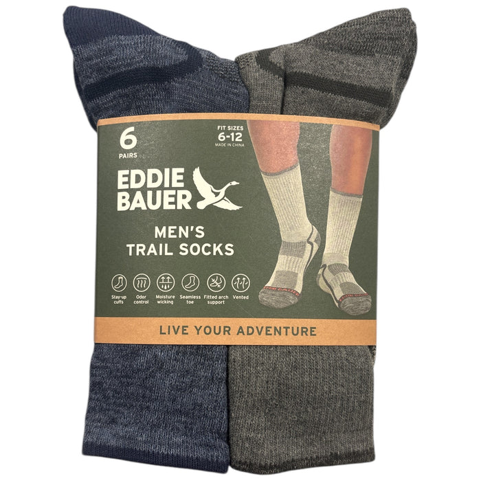 Eddie Bauer Men's Moisture Wicking Seamless Trail Socks, 6 Pack, Size 6-12
