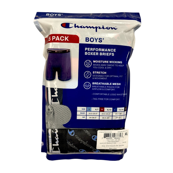 Champion Boys' 5 Pack Stretch Moisture Wicking Performance Boxer Briefs