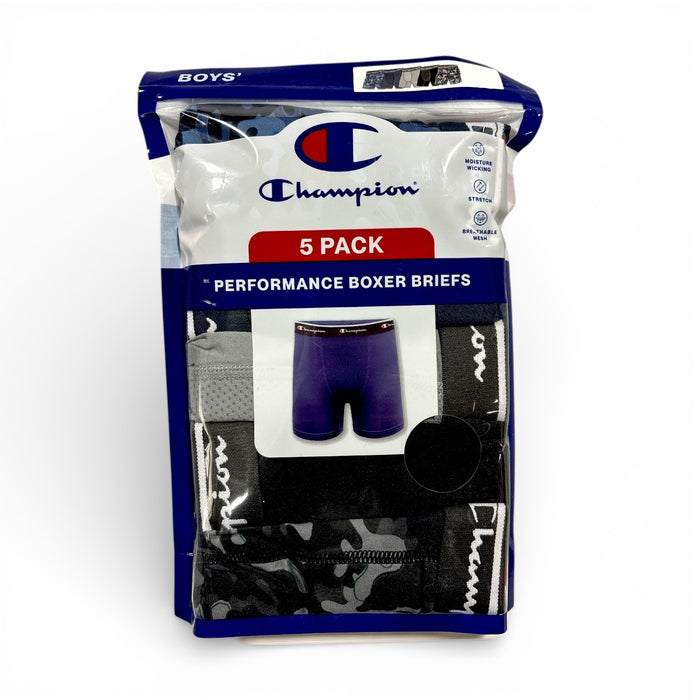 Champion Boys' 5 Pack Stretch Moisture Wicking Performance Boxer Briefs