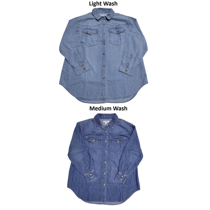 Nine West Women's Over Sized Long Sleeve Plus Denim Button Up Top