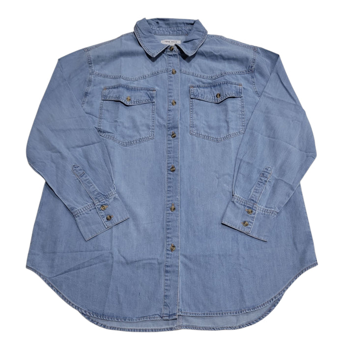 Nine West Women's Over Sized Long Sleeve Plus Denim Button Up Top