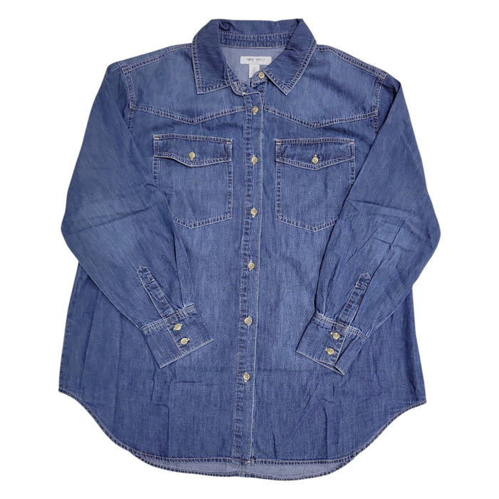 Nine West Women's Over Sized Long Sleeve Plus Denim Button Up Top