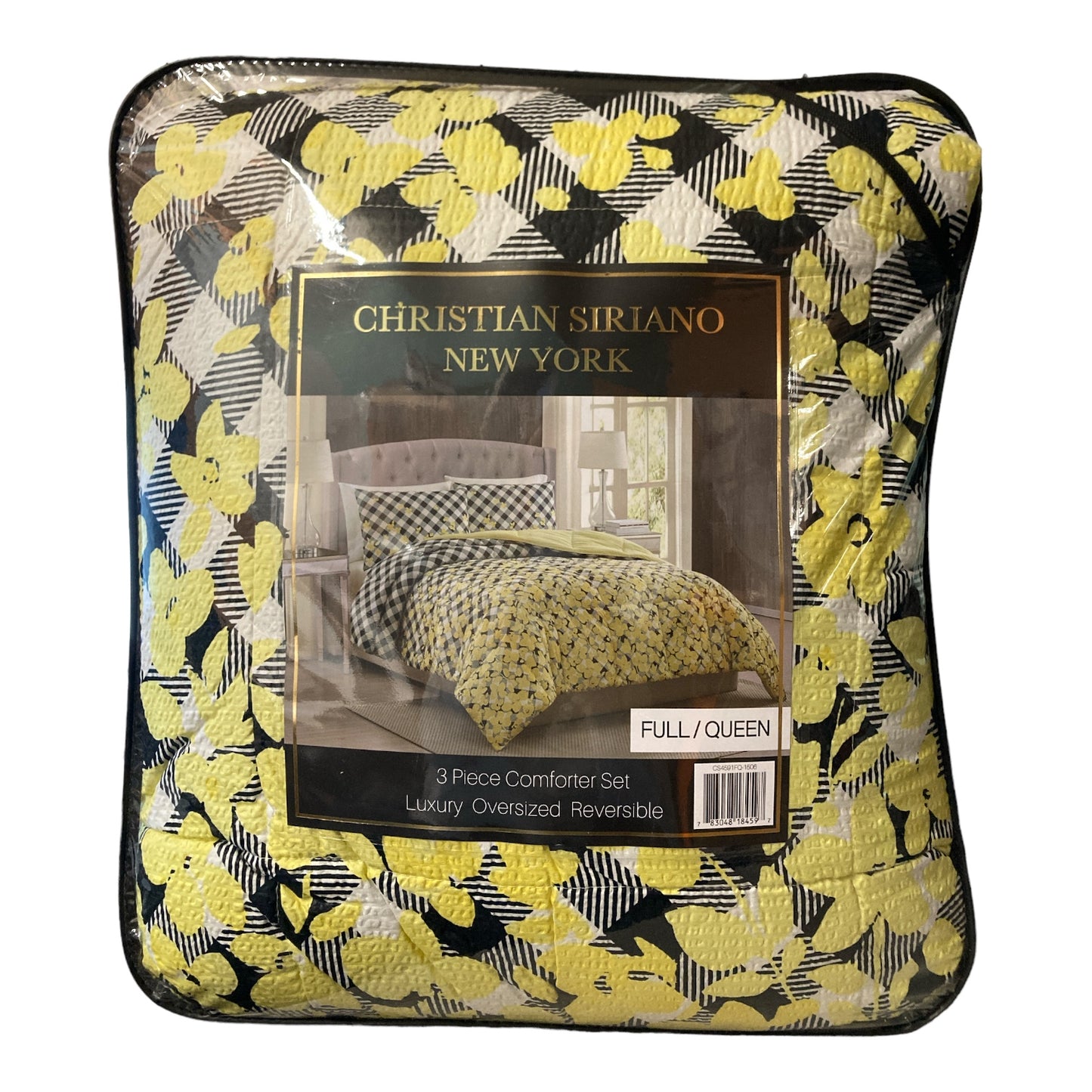 Christian Siriano 3 Piece Oversized Luxury Reversible Comforter Set, Yellow, Queen
