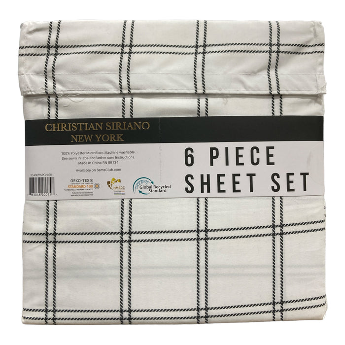 Christian Siriano New York Luxury Microfiber 6pc Sheet Set, Queen, White Check