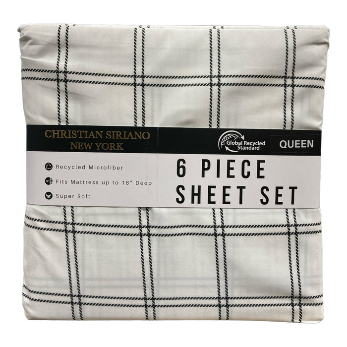 Christian Siriano New York Luxury Microfiber 6pc Sheet Set, Queen, White Check