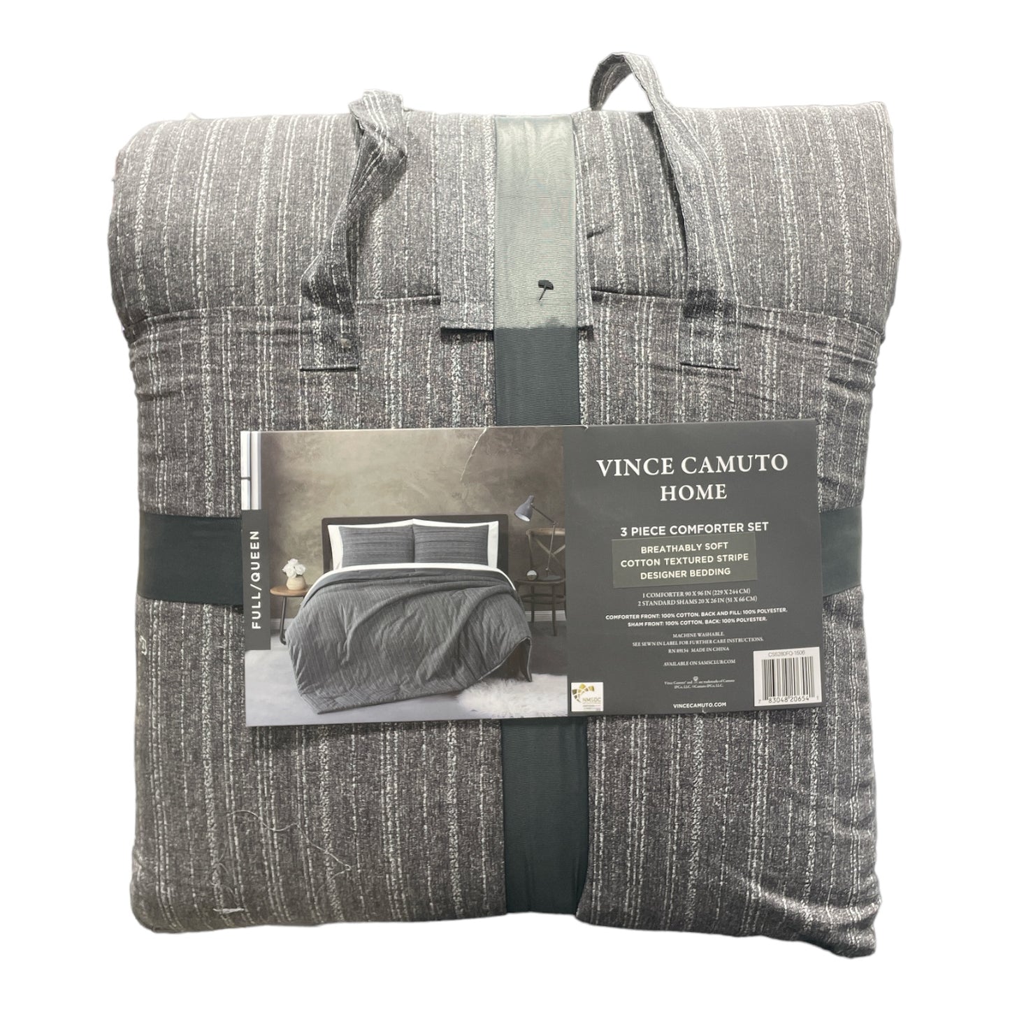 Vince Camuto Home Cotton Textured Stripe Designer 3 Pc Comforter Set, Full/Queen