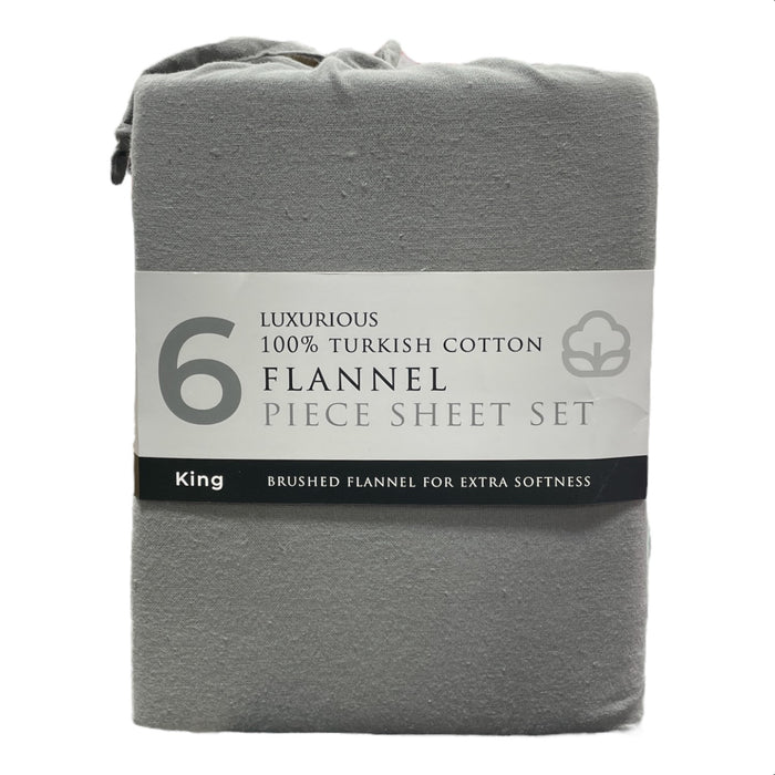 Luxurious Turkish Cotton 6 Piece Flannel Sheet Set, Gray, King