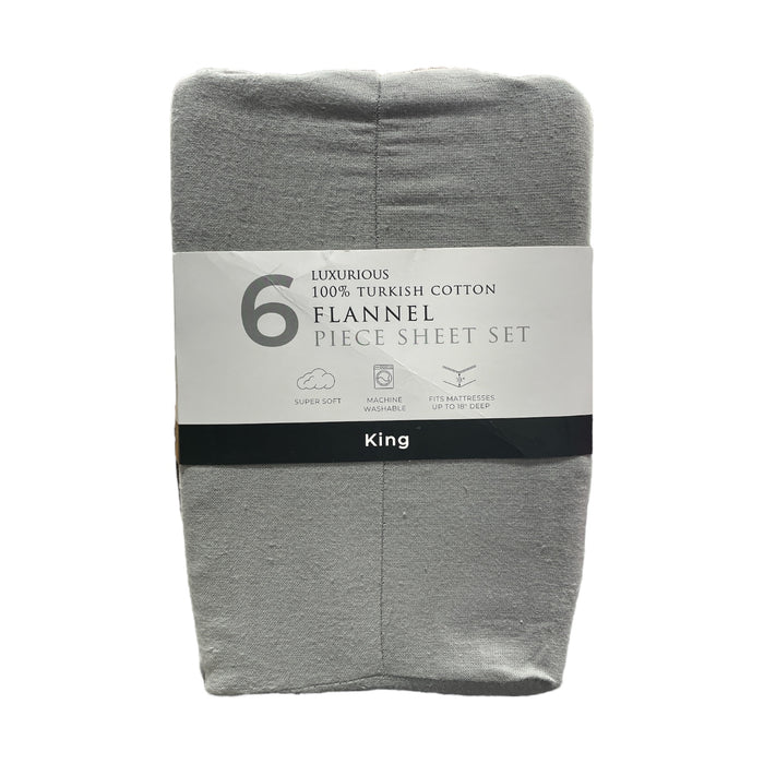 Luxurious Turkish Cotton 6 Piece Flannel Sheet Set, Gray, King