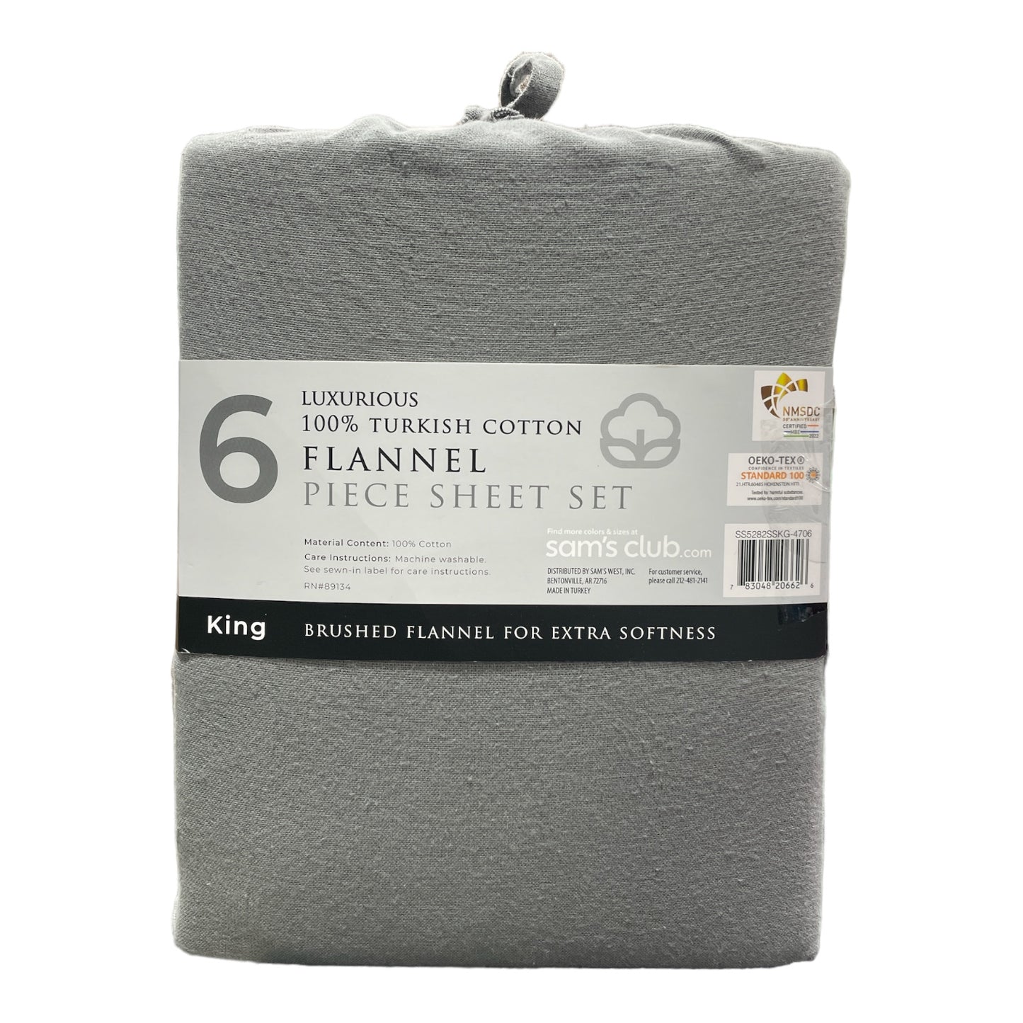 Luxurious Turkish Cotton 6 Piece Flannel Sheet Set, Gray, King