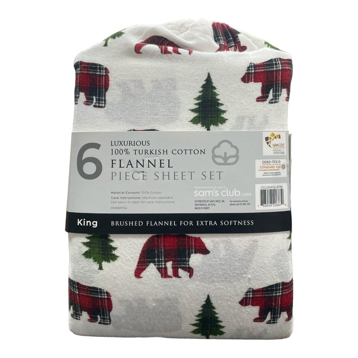 Luxury Turkish Cotton Flannel Sheet Set Plaid Bear, 6 Piece Set, King Size