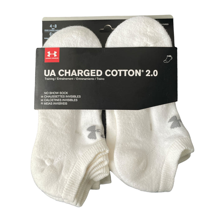 Under Armour Unisex Adult UA Charged Cotton 2.0 No Show Socks, White, 6 Pair