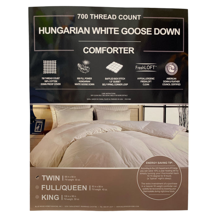 Hungarian White Goose Down Comforter, 30oz Fill Weight, 700 Thread Count, Twin