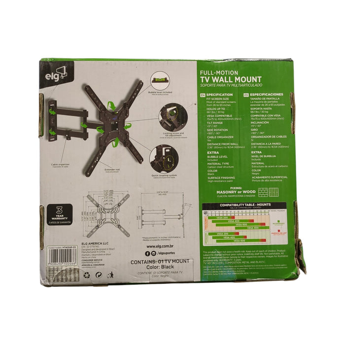 ELG Full Motion TV Wall Mount, 26"-65", 66LBS Msx Load, Black, MT400AR-EX