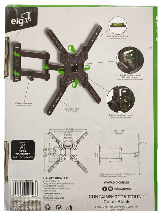 ELG Full Motion TV Wall Mount, 26"-65", 66LBS Msx Load, Black, MT400AR-EX