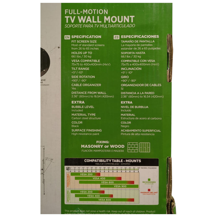 ELG Full Motion TV Wall Mount, 26"-65", 66LBS Msx Load, Black, MT400AR-EX