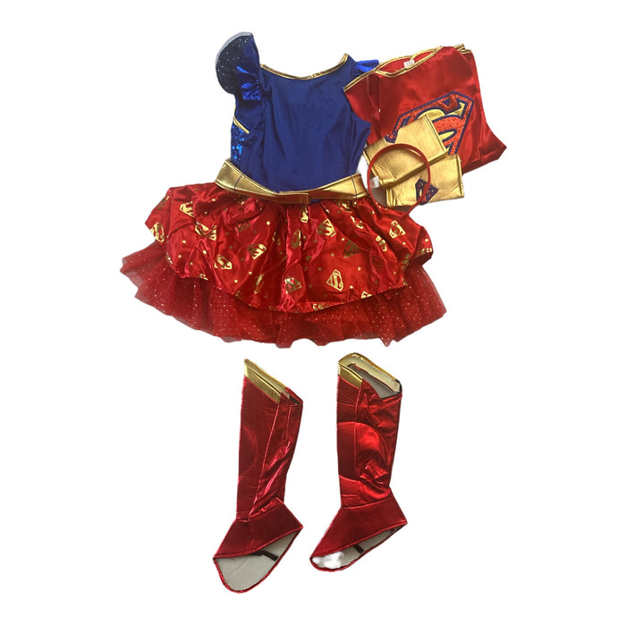 DC Super Girl Girl's Dress, Shoe Covers, Wrist Cuffs & Headband Costume Set