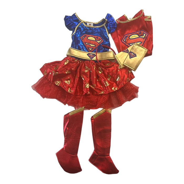 DC Super Girl Girl's Dress, Shoe Covers, Wrist Cuffs & Headband Costume Set