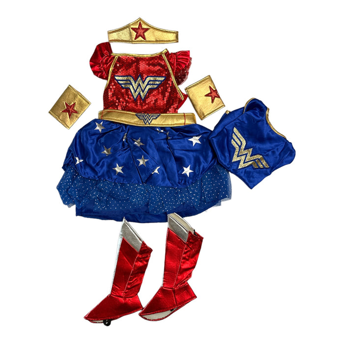 Wonder Woman Girl's Dress, Headband, Wrist Cuffs, Shoe Covers Costume Set