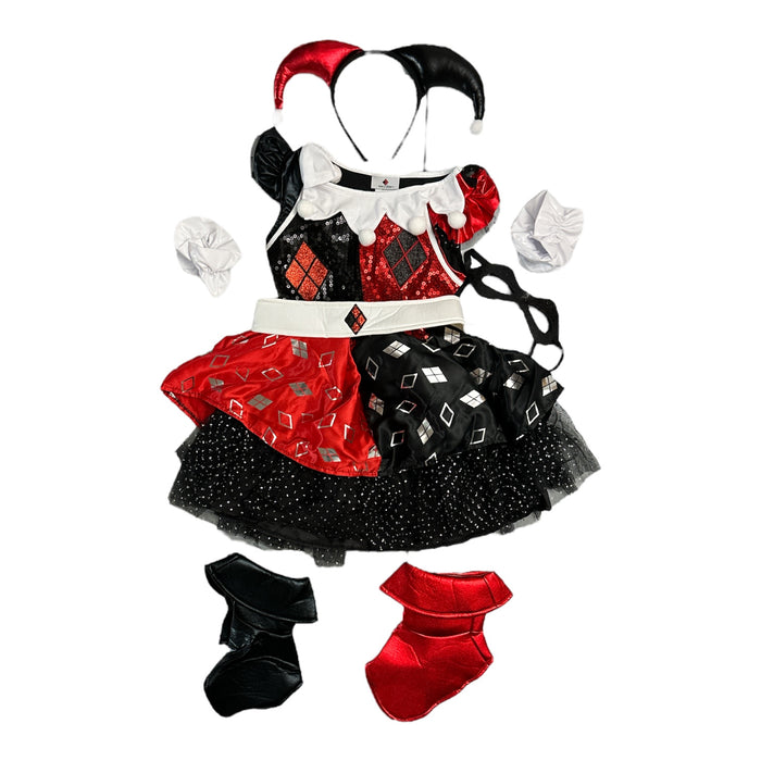 Harley Quinn Girls Dress, Mask, Headpiece, Shoe Covers, Wrist Covers Costume Set