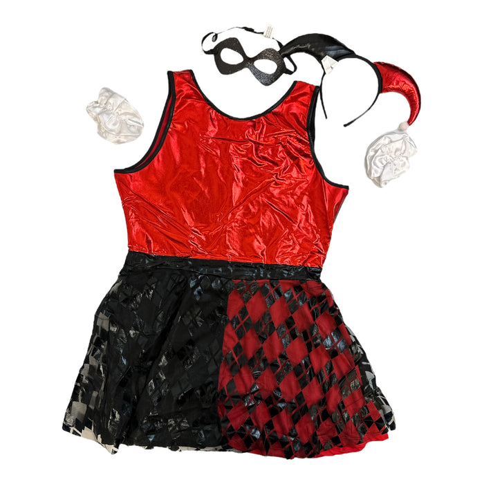 Harley Quinn Women's Dress, Eye Mask, Headpiece & Wrist Cuff Costume Set