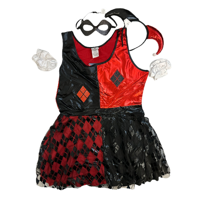 Harley Quinn Women's Dress, Eye Mask, Headpiece & Wrist Cuff Costume Set