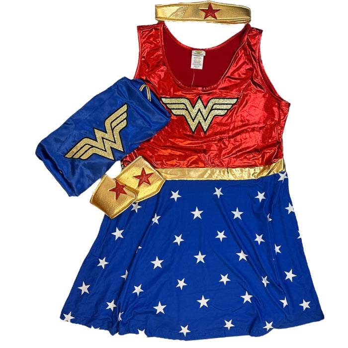 Wonder Woman Women's Dress, Cape, Headband & Wrist Cuffs Costume Set