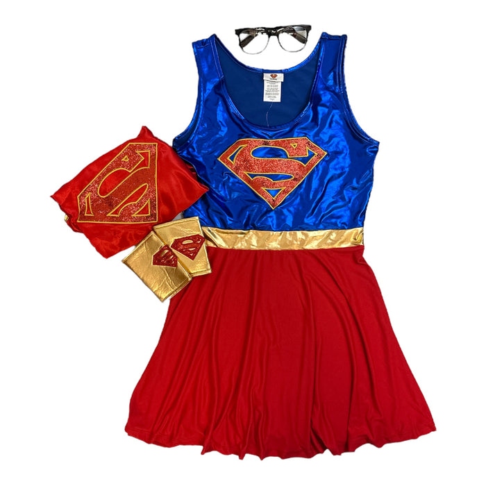 Supergirl Women's Dress, Glasses, Cape & Wrist Cuffs Costume Set