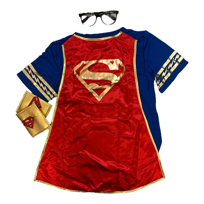 Supergirl Women's T-Shirt, Removable Cape, Glasses & Wrist Cuffs Costume Set