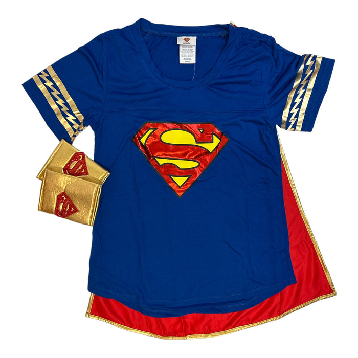 Supergirl Women's T-Shirt, Removable Cape, Glasses & Wrist Cuffs Costume Set