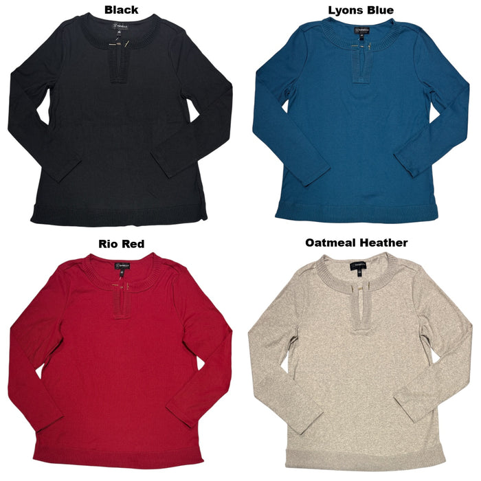 Rafaella Women's Long Sleeve V-Neck Classic Fit Top with Chain Hardware Neckline