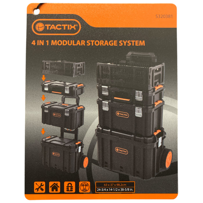 TACTIX 4-in-1 Rolling Tool Box System with Telescopic Handle, Black