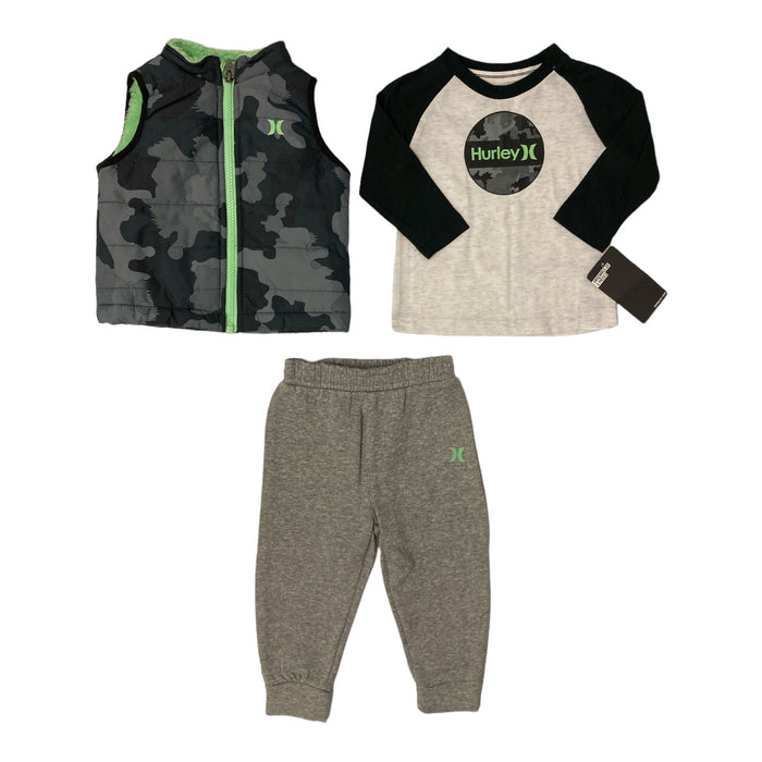 Hurley Boy's 3 Piece Puffer Vest Long Sleeve Shirt & Jogger Set