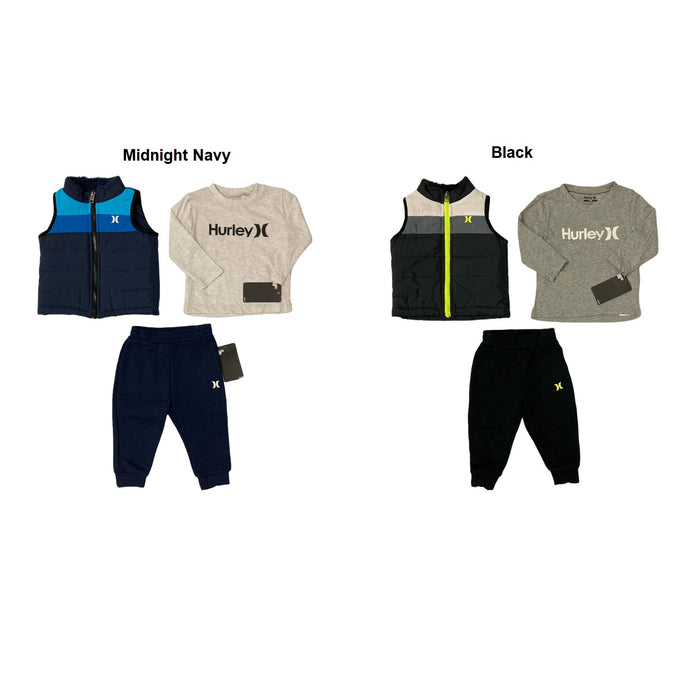 Hurley Boy's 3 Piece Puffer Vest Long Sleeve Shirt & Fleece Jogger Set