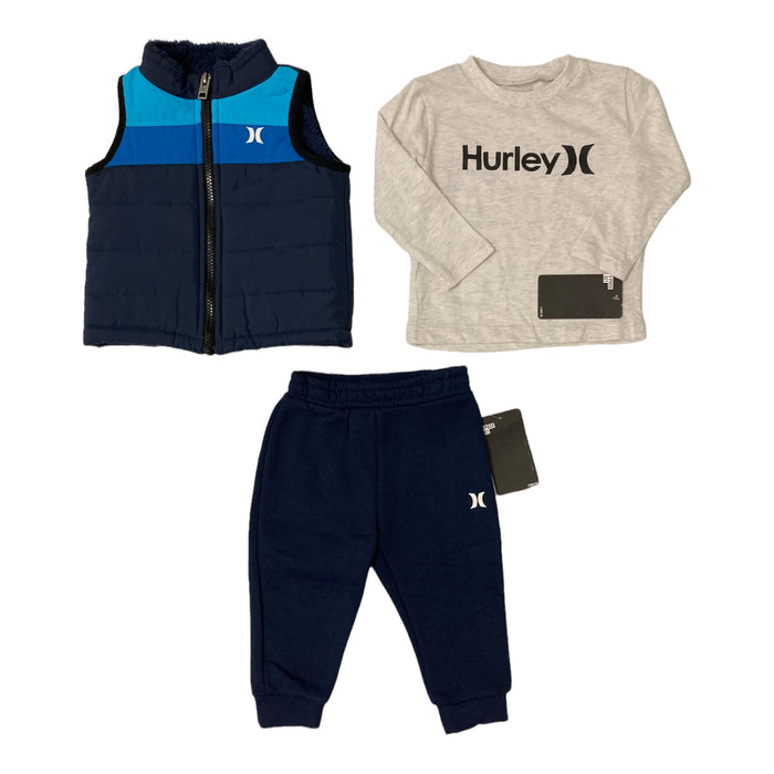 Hurley Boy's 3 Piece Puffer Vest Long Sleeve Shirt & Fleece Jogger Set