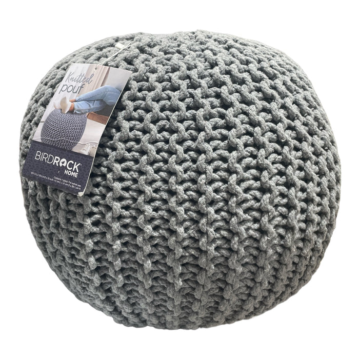 BirdRock Home Round Pouf Hand Knitted Foot Stool Ottoman, Gray