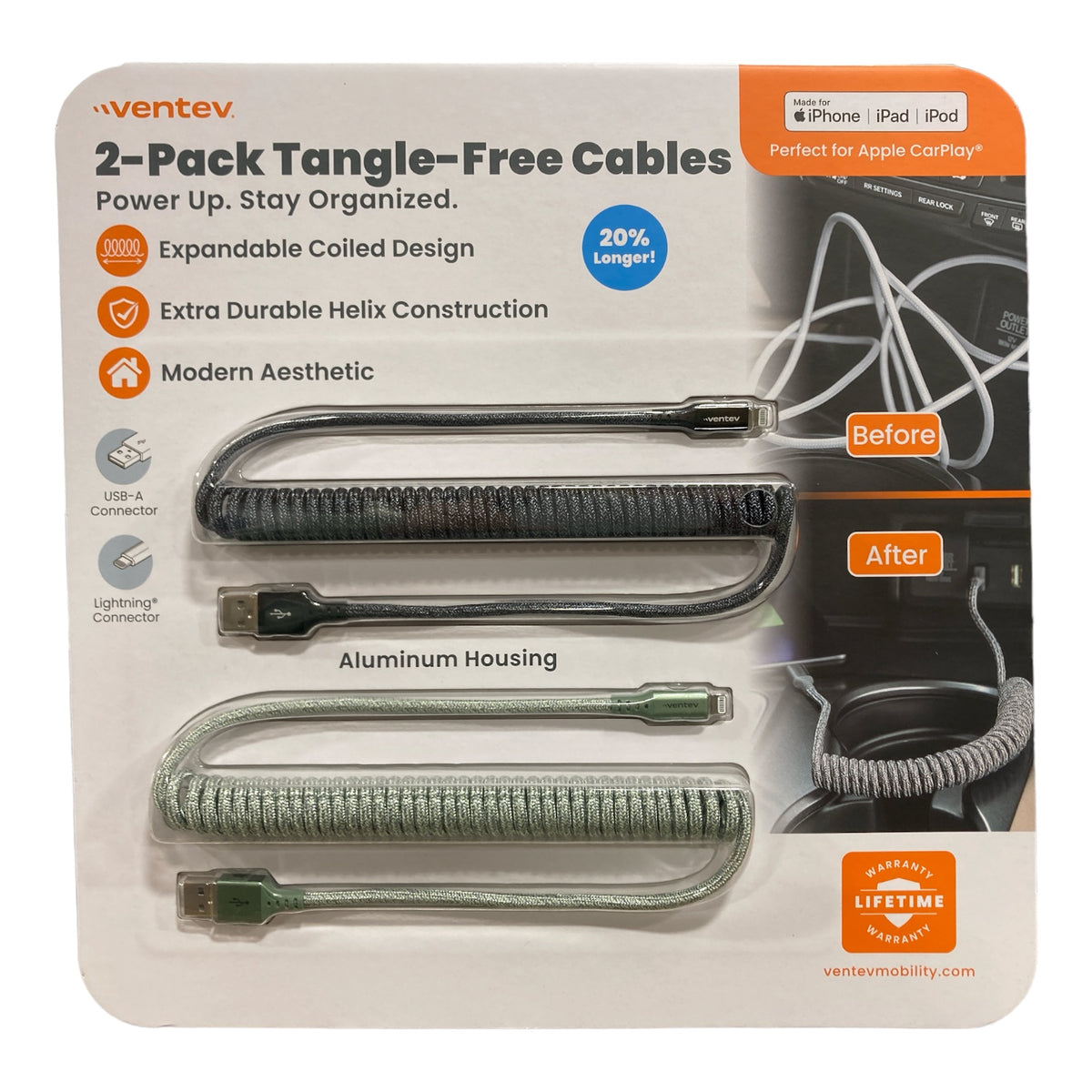 Ventev Helix USB-A to 8pin Tangle-Free Cables, 2pk (Black, Green ...