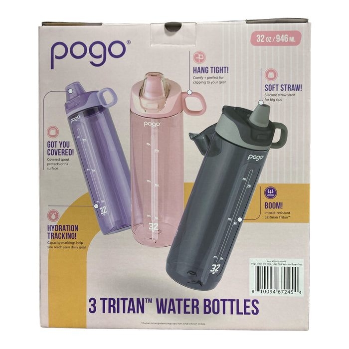 Pogo BPA-Free Tritan Water Bottles with Soft Silicone Straw, 32oz, 3pk