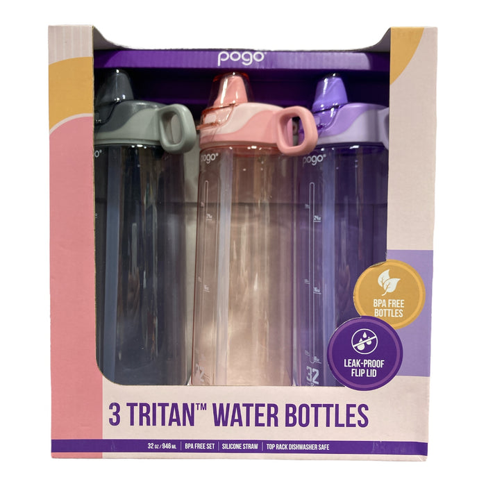 Pogo BPA-Free Tritan Water Bottles with Soft Silicone Straw, 32oz, 3pk